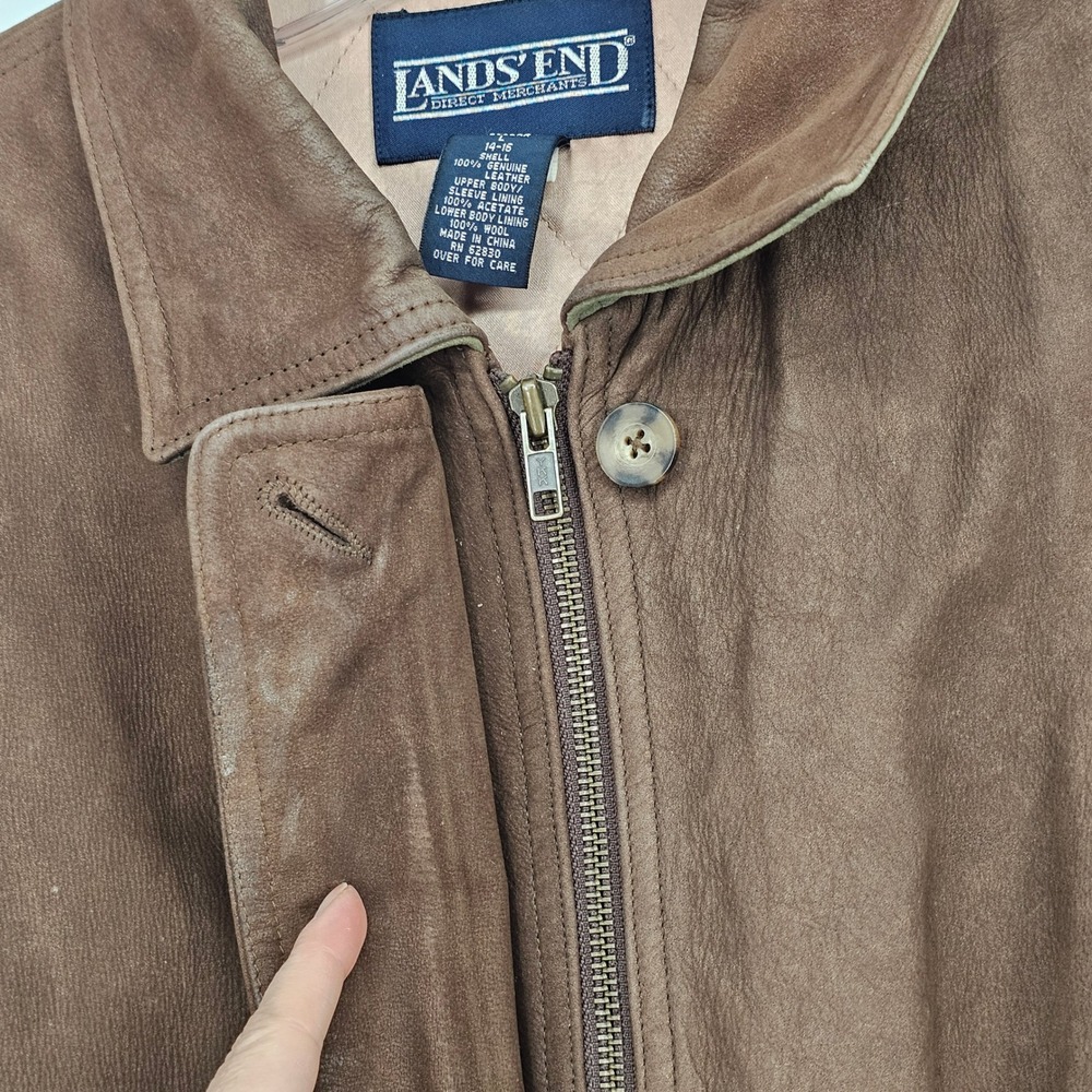 Vintage Lands End Leather Field Jacket L Brown Quilted Wool Lined Cinched Barn - Picture 7 of 13